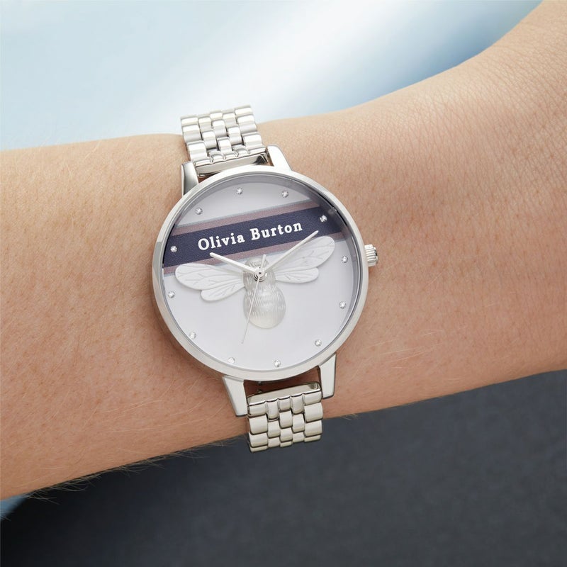 オリビア・バートン ヴァースティ ラッキー ビー ピンク ＆ ネイビー ストライプ ＆ シルバー ブレスレット 34mm 商品詳細画像