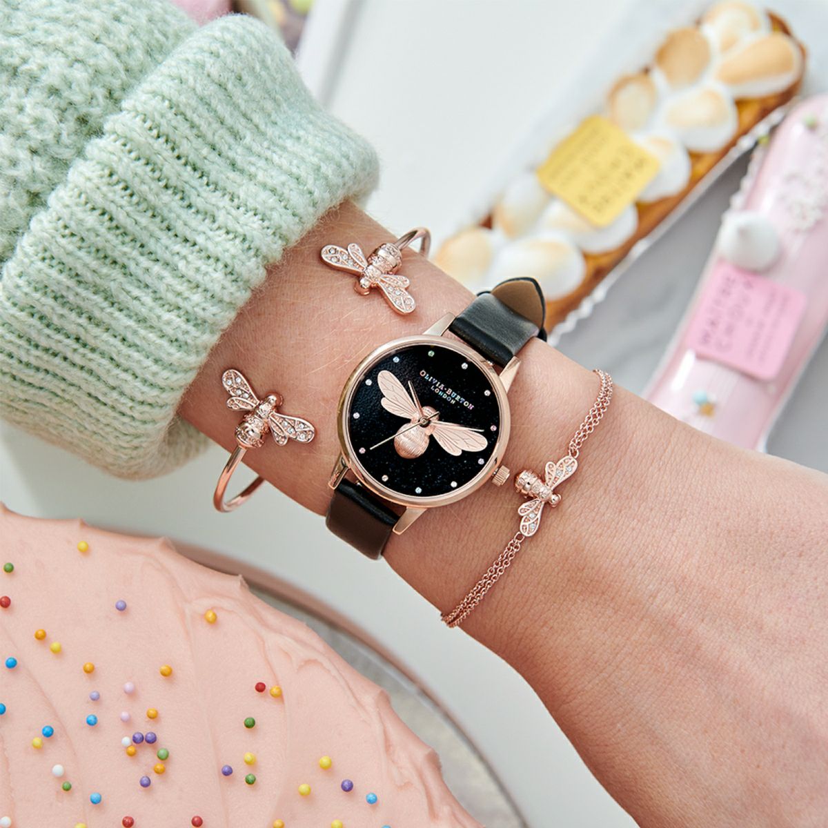 オリビア・バートン レインボー ラッキー ビー ビーガン ブラック & ローズゴールド 商品詳細画像