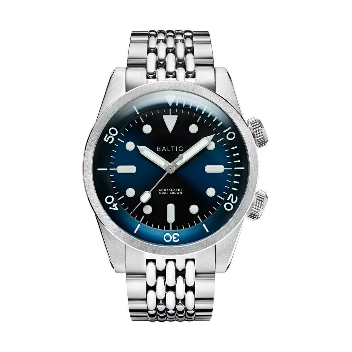 【受注販売】BALTIC WATCHES / バルチック コンプレッサー ダイバー ウォッチ ブルーダイアル オートマチック デュアルクラウン ステンレススチール ライス ブレスレットの公式ECサイト掲載画像