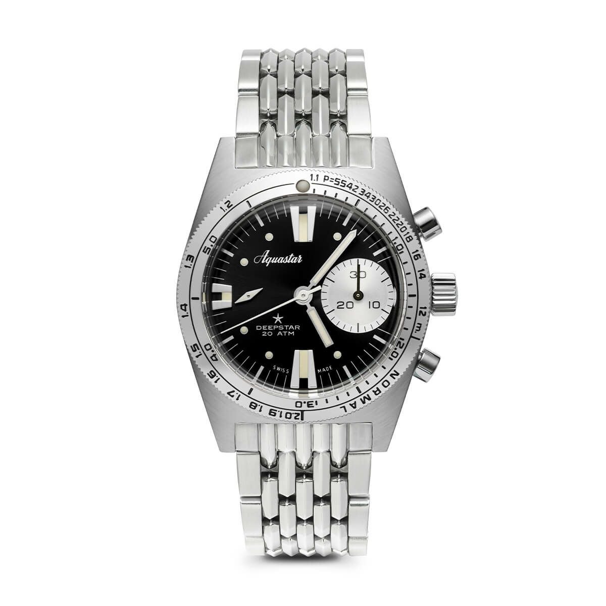 AQUASTAR/アクアスター 2022 Aquastar Deepstar 39mm Chronograph vintage Black BOR braceletの公式ECサイト掲載画像