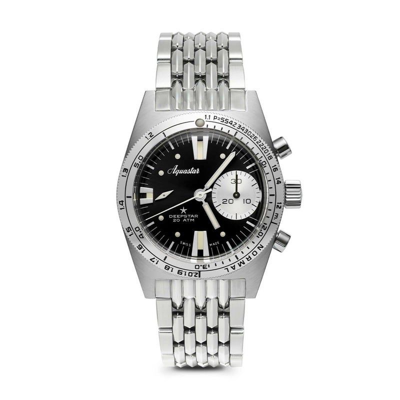 AQUASTAR/アクアスター 2022 Aquastar Deepstar 39mm Chronograph vintage Black BOR braceletの公式ECサイト掲載画像