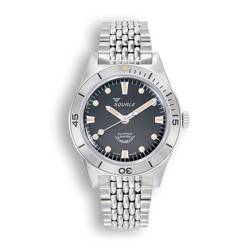 SQUALE / スクワーレ Super-Squale サンレイ ブラック ブレスレット / サテングレースチールベゼル サンレイブラックダイヤル BOR シルバー ステンレススチール ブレスレット 18mmの公式ECサイト掲載画像