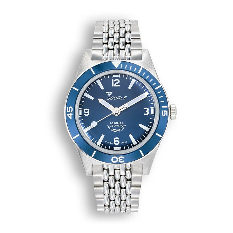 SQUALE / スクワーレ Super-Squale アラビックナンバー ブルー ブレスレット / ブルーアルミニウムベゼル マットブルーダイヤル BOR シルバー ステンレススチール ブレスレット 18mmの公式ECサイト掲載画像