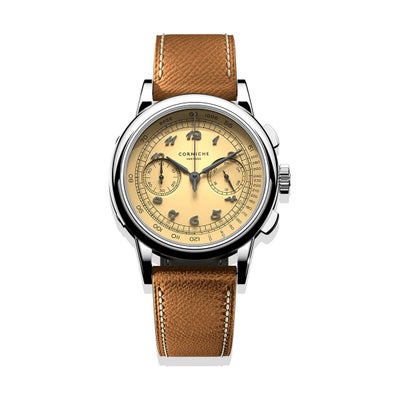 【世界300本限定】Corniche Watches / コーニッシュ ヘリテージ クロノグラフ ルールドール シルバー イエロー ブラウン L‘Heure d’Or Chronographの公式ECサイト掲載画像