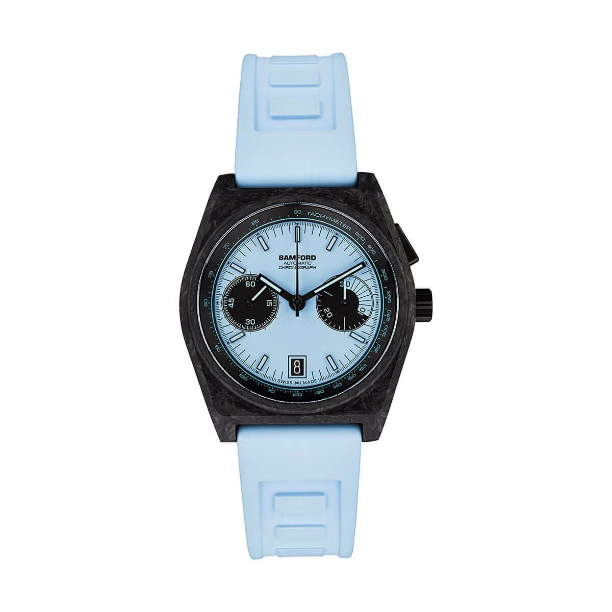 BAMFORD / バンフォード B347 ブラック カーボン アクアブルー クロノグラフ ラバー ストラップの公式ECサイト掲載画像