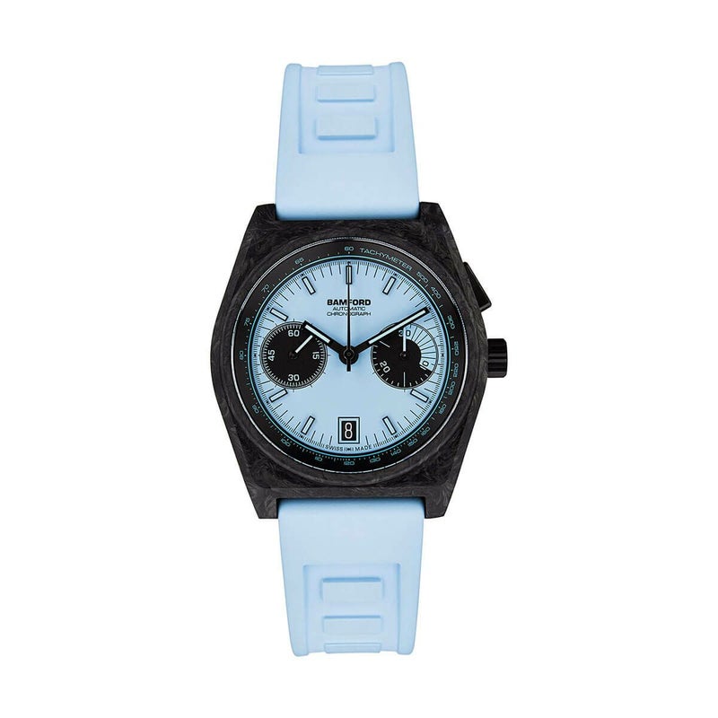 BAMFORD / バンフォード B347 ブラック カーボン アクアブルー クロノグラフ ラバー ストラップの公式ECサイト掲載画像