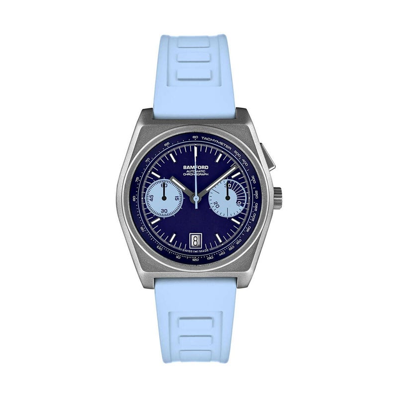 BAMFORD / バンフォード B347 シルバー チタニウム ネイビー ブルー アクアブルー クロノグラフ ラバー ストラップの公式ECサイト掲載画像