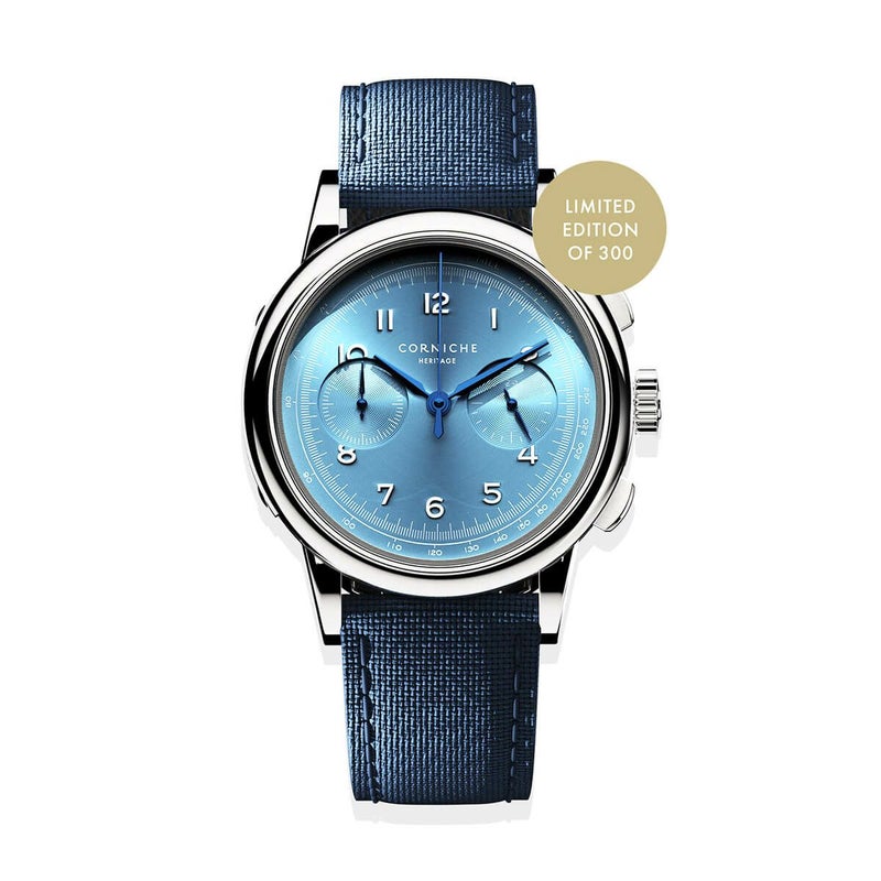 【世界300本限定】Corniche Watches / コーニッシュ ヘリテージ クロノグラフ ブルーバード クロノグラフの公式ECサイト掲載画像