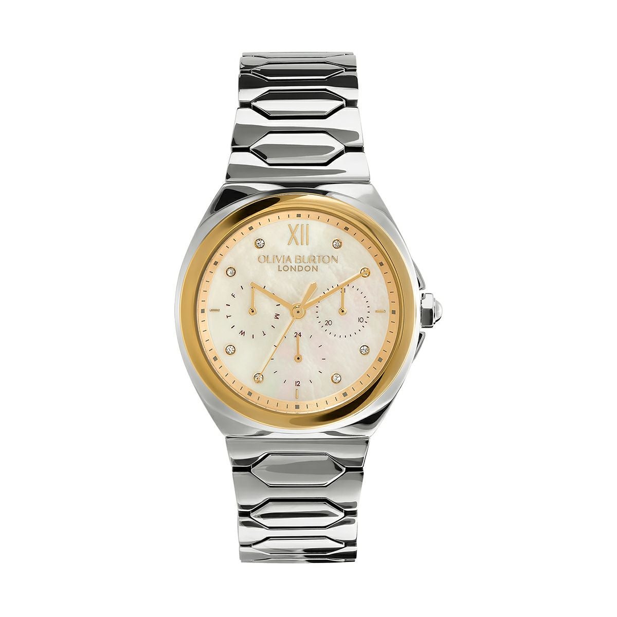 OLIVIA BURTON / オリビア・バートン スポーツ リュクス - 36mm ラスター シルバー ゴールド マルチファンクション ホワイト MOP ブレスレットの公式ECサイト掲載画像