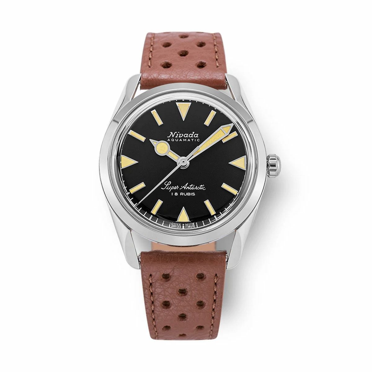 Nivada Grenchen / ニバダ グレンヒェン スーパーアンタークティック 35mm ブラック ベージュ イエローマーカー ルミノバ ブラウン レザーレーシングストラップの公式ECサイト掲載画像