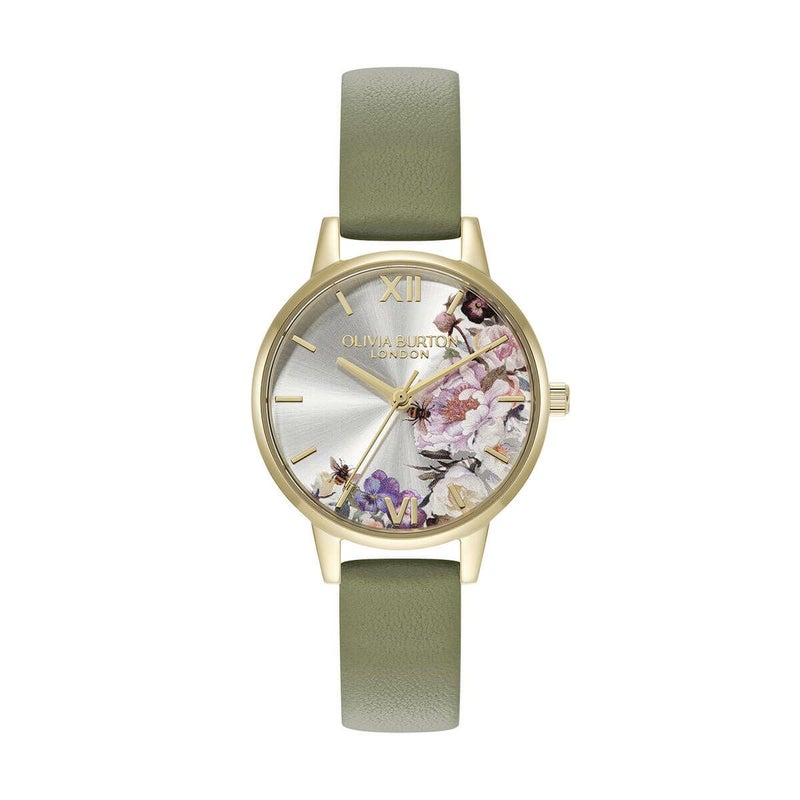 OLIVIA BURTON / オリビア・バートン イラストレーテッドフローラル - ミディ アイボリー ゴールド セージグリーン レザーの公式ECサイト掲載画像