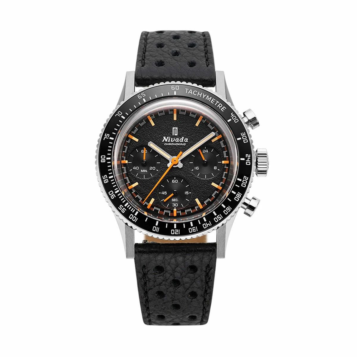 Nivada Grenchen / ニバダ グレンヒェン クロノキング メカクォーツ 5カラー インターベゼル タキメーター セット ブラックテクスチャー レーシング レザー ストラップの公式ECサイト掲載画像