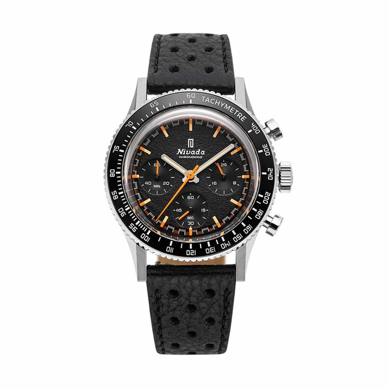 Nivada Grenchen / ニバダ グレンヒェン クロノキング メカクォーツ 5カラー インターベゼル タキメーター セット ブラックテクスチャー レーシング レザー ストラップの公式ECサイト掲載画像