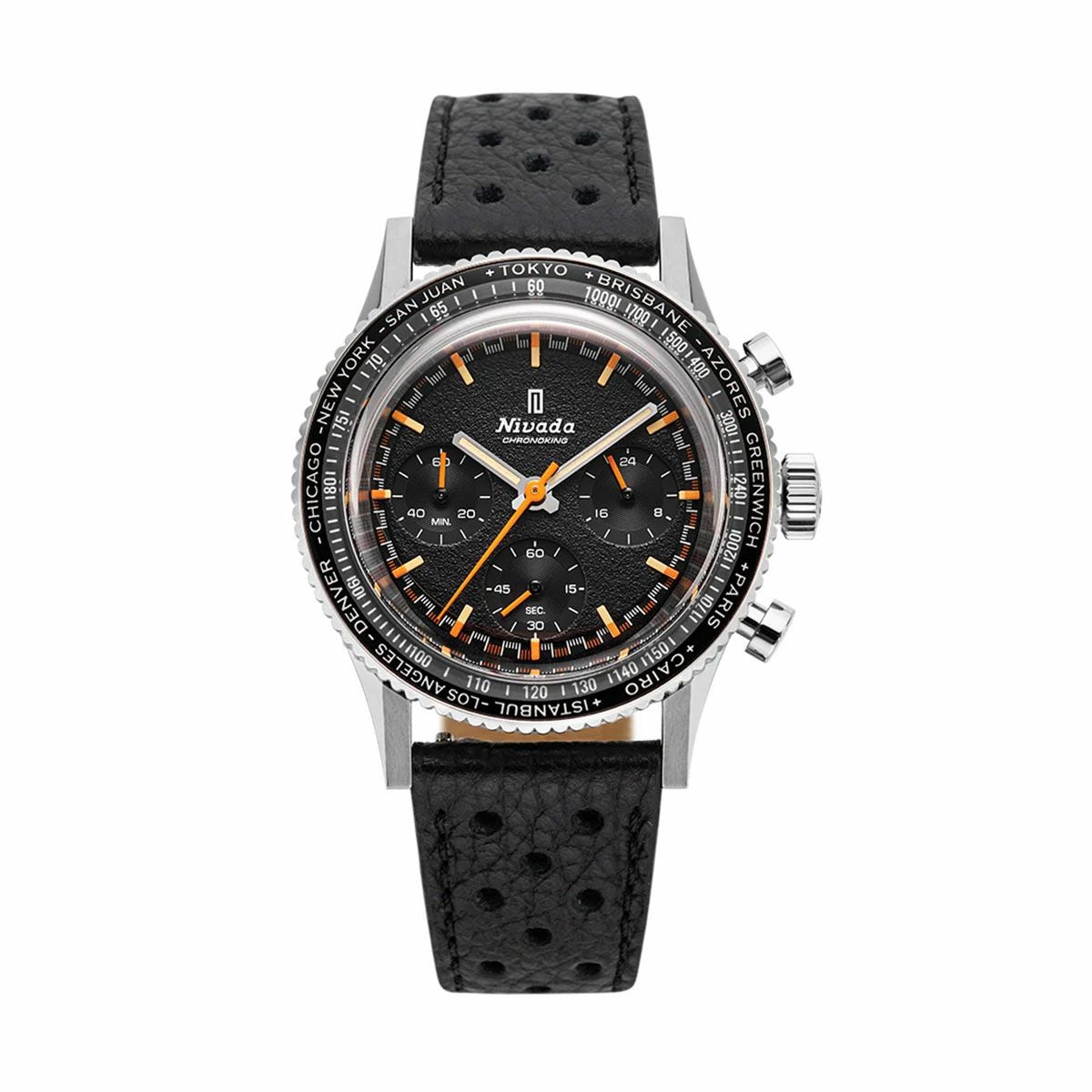 Nivada Grenchen / ニバダ グレンヒェン クロノキング メカクォーツ 5カラー インターベゼル GMT セット ブラックテクスチャー レーシング レザー ストラップの公式ECサイト掲載画像