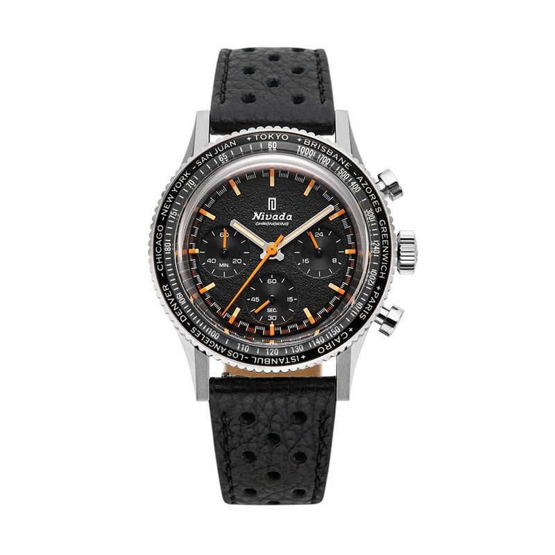 Nivada Grenchen / ニバダ グレンヒェン クロノキング メカクォーツ 5カラー インターベゼル GMT セット ブラックテクスチャー レーシング レザー ストラップの公式ECサイト掲載画像