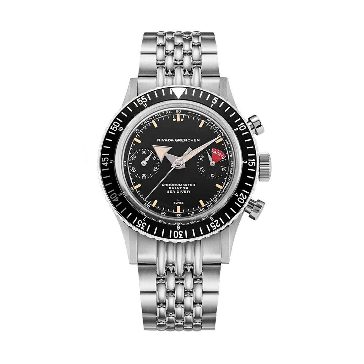 Nivada Grenchen / ニバダ グレンヒェン クロノマスター ブロードアロー 5カラーベゼルセット ステンレススチール ライスブレスレット / オープンケースバックの公式ECサイト掲載画像