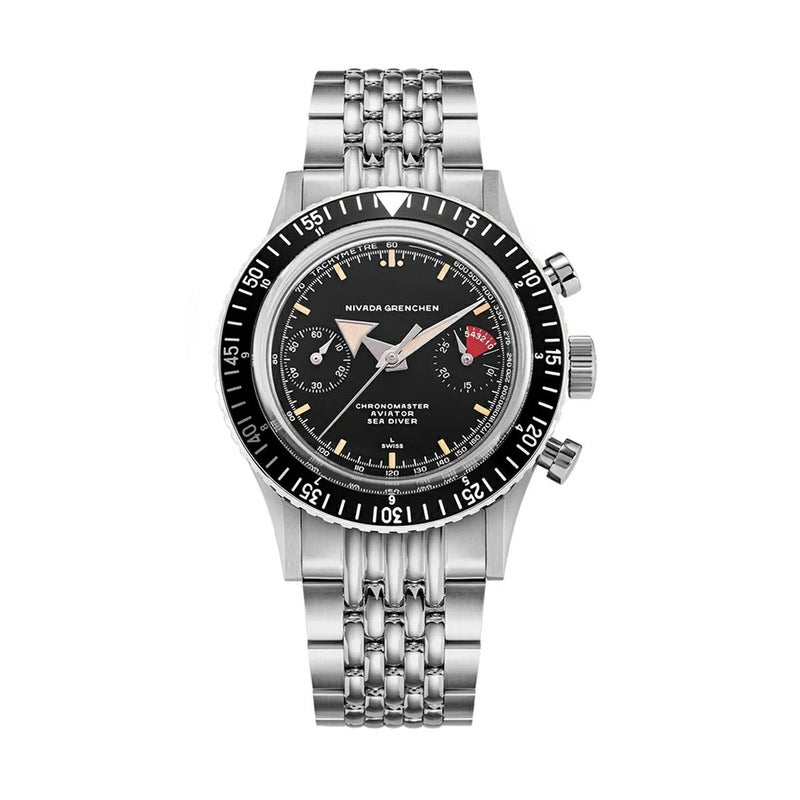 Nivada Grenchen / ニバダ グレンヒェン クロノマスター ブロードアロー 5カラーベゼルセット ステンレススチール ライスブレスレット / オープンケースバックの公式ECサイト掲載画像