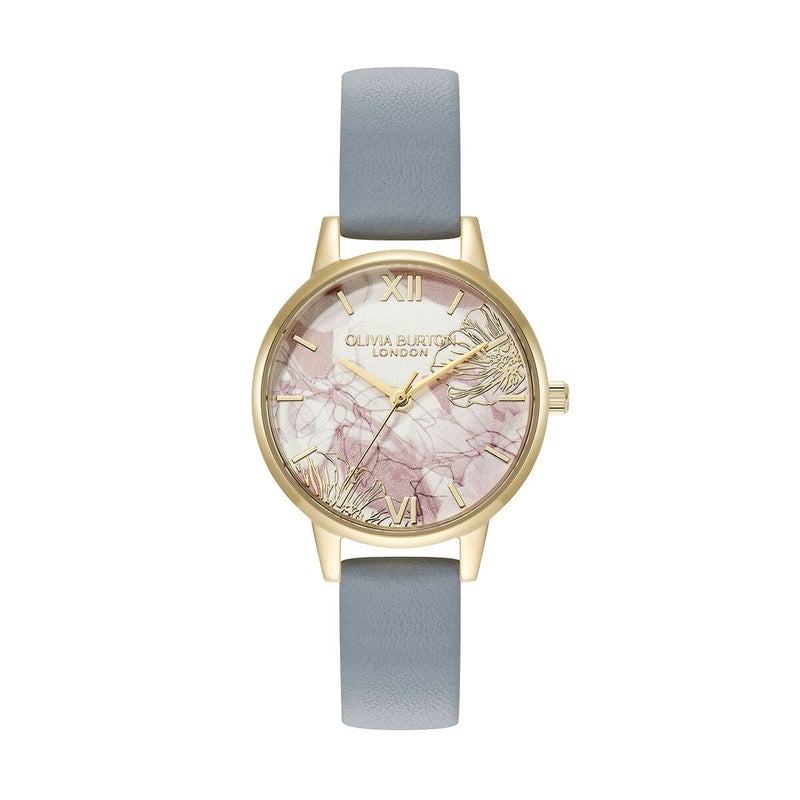 OLIVIA BURTON / オリビア・バートン シグネチャー - ミディアブストラクトフローラル ゴールド チョークブルー レザーの公式ECサイト掲載画像