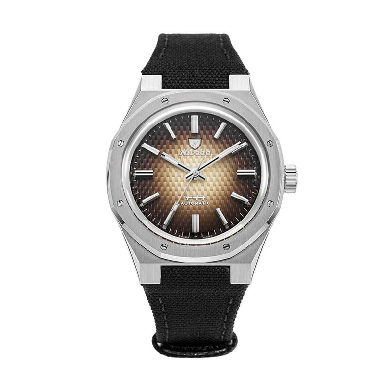 Nivada Grenchen / ニバダ グレンヒェン F77 ステンレススチール スモーク ダイヤル ノー デイト ブラック キャンバス ベルトの公式ECサイト掲載画像