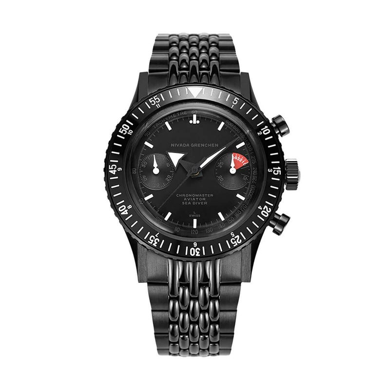 ［世界50本限定］Nivada Grenchen / ニバダ グレンヒェン クロノマスター アビエーター シー ダイバー フルブラック リミテッドエディション ライス ブレスレットの公式ECサイト掲載画像