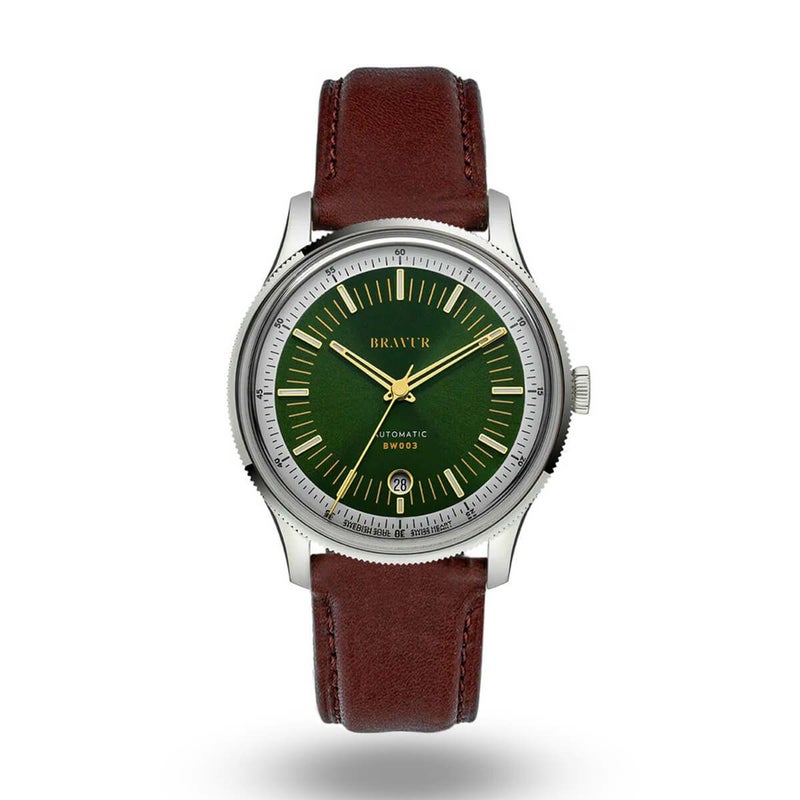 BRAVUR / ブラヴァ BW003 Bottle Green dial Brown edge seam leather sapphire backの公式ECサイト掲載画像