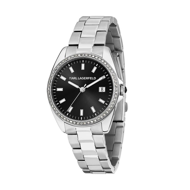 KARL LAGERFELD / カール・ラガーフェルド ラウンド エッセンシャル - ブラック サンレイ クリスタル ダイヤル シルバー ブレスレットの公式ECサイト掲載画像