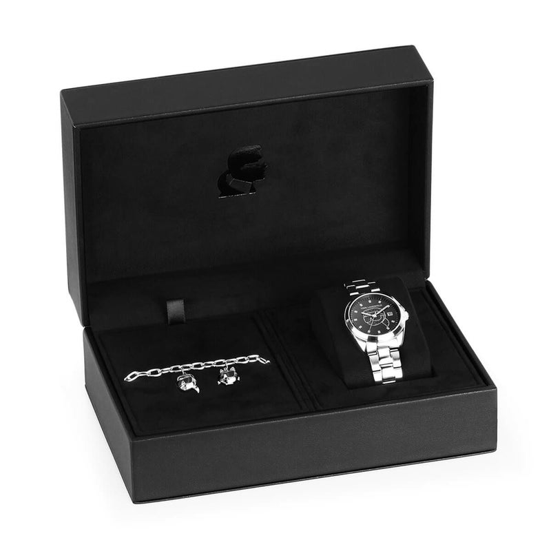 KARL LAGERFELD / カール・ラガーフェルド ラウンド エッセンシャル - スペシャル ボックス - ブラック クリスタル ダイヤモンドダスト アイコン ダイヤル シルバー ブレスレット & カール+シュペット チャーム ブレスレットの公式ECサイト掲載画像