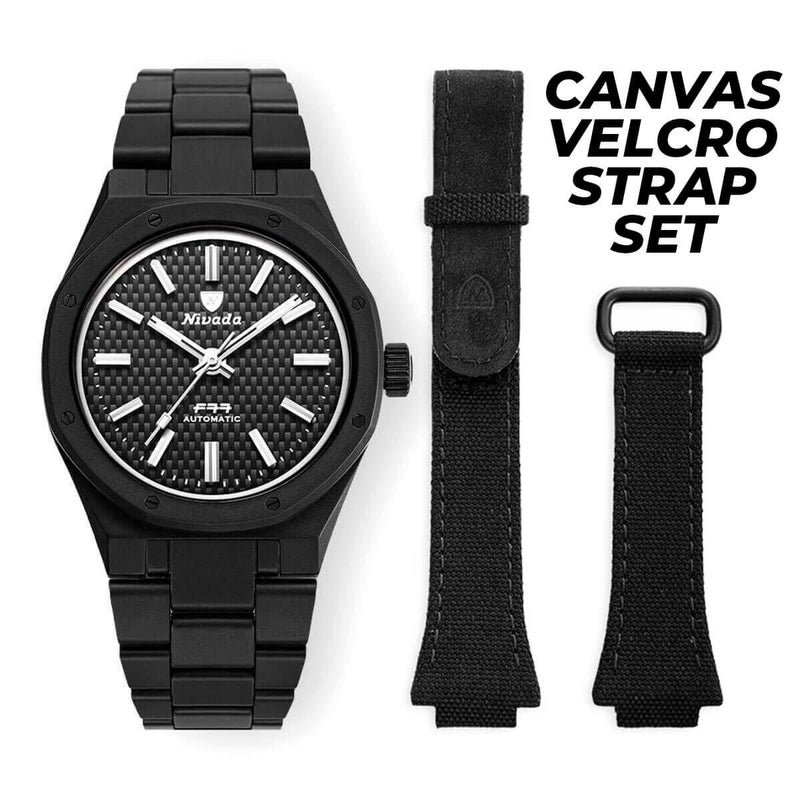 【オンライン限定セット】Nivada Grenchen / ニバダ グレンヒェン F77 セラミック マット ブラック ノー デイト ＆ キャンバスベルクロストラップ セットの公式ECサイト掲載画像