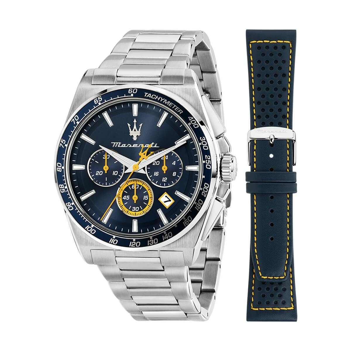 Maserati / マセラティ ベロチタ モデナエディション 43MM クロノ グラフ ブルーダイヤル シルバーステンレススチールブレスレット ＆ ブルーレザーベルトの公式ECサイト掲載画像