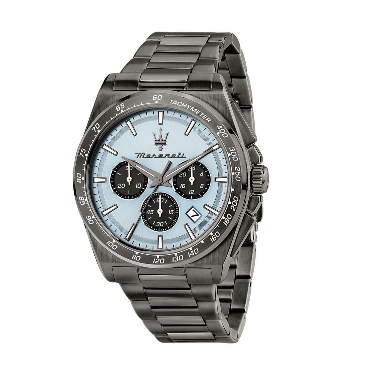 Maserati / マセラティ ベロチタ 43MM クロノグラフ チェロブルーダイヤル ガンメタルステンレススチールブレスレットの公式ECサイト掲載画像