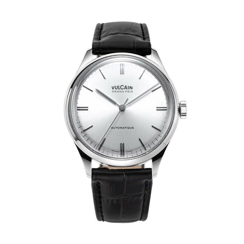 VULCAIN / ヴァルカン グランプリ スチールケース スチールフルケースバック セミグロスシルバーダイヤル ブラックカーフスキンレザーアリゲータープリントストラップの公式ECサイト掲載画像