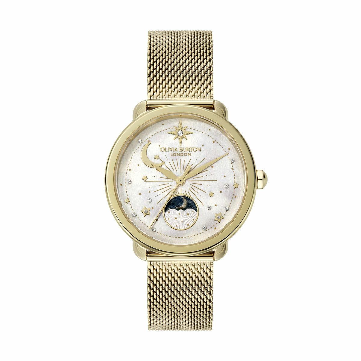 OLIVIA BURTON / オリビア・バートン セレスティアル 34mm ムーンフェイズ ホワイト＆ゴールドメッシュの公式ECサイト掲載画像