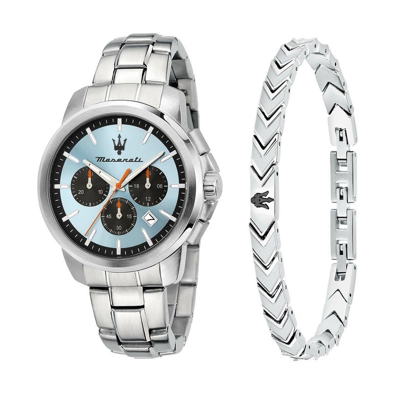 Maserati / マセラティ 【スペシャルパッケージ（時計+ブレスレット）】スクセッソ 42MM クロノ ブルー ダイヤル シルバー ブレスレット + アイコニック メンズ ブレスレット シルバー ブラックの公式ECサイト掲載画像